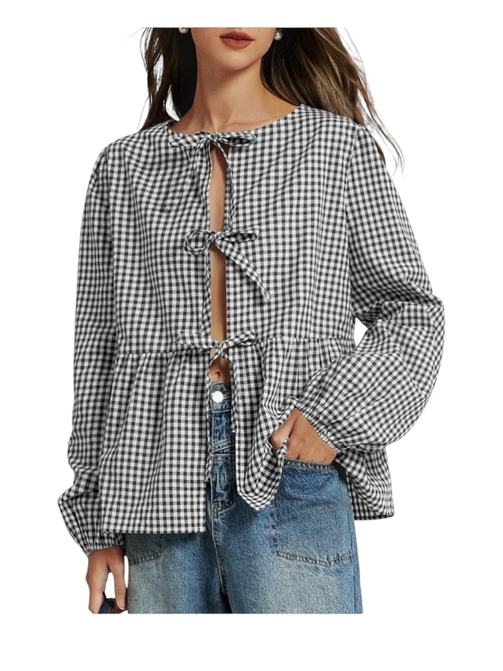 Casly Lamiit black & white gingham tie front puff sleeve blouse - large